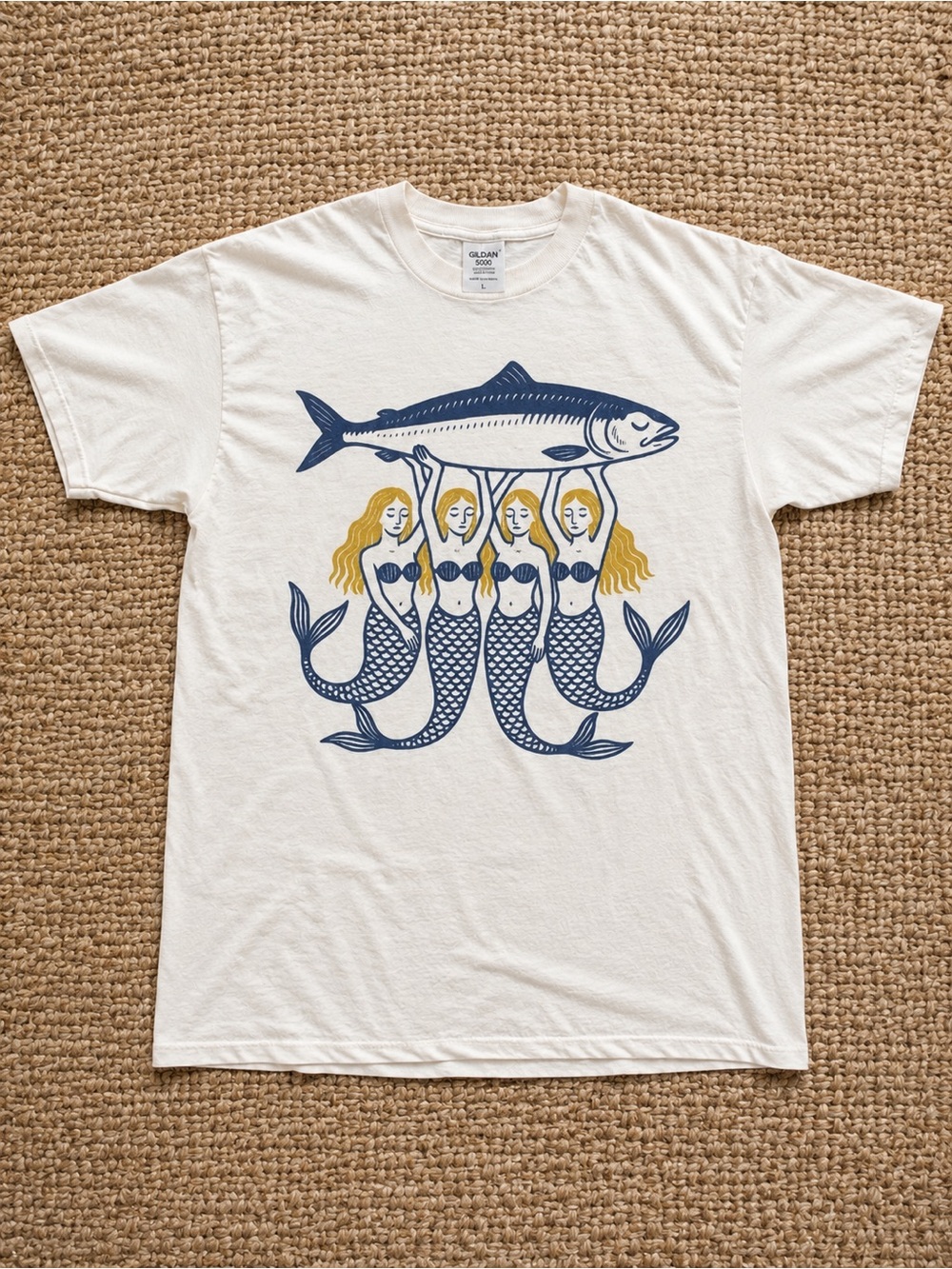 White Tee with Navy Mermaids Holding Fish Graphic T-shirt